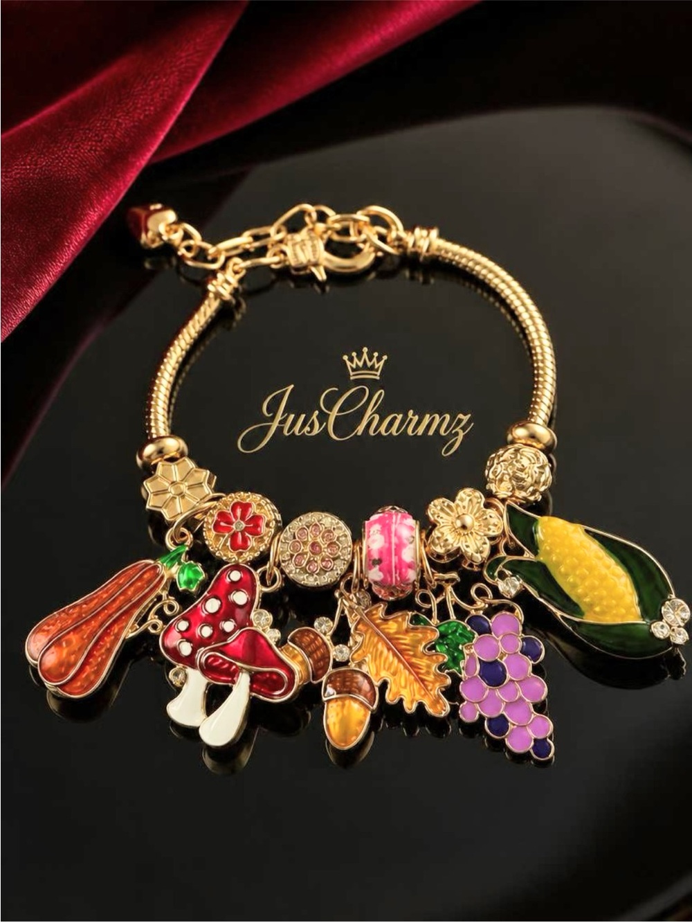 Gold-Tone Autumn Charm Bracelet with Red, Purple, Yellow & Green Enamel Charms